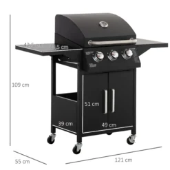 Outsunny Barbacoa De Gas Bbq Con 3 Quemadores 2 Mesas Laterales Armario 4 Ruedas