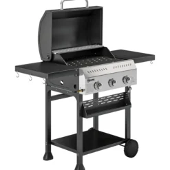 Outsunny Barbacoa De Gas Con 3 Quemadores 9 Kw Termómetro Mesas Laterales Negro