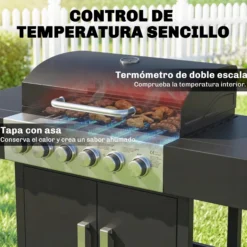 Outsunny Barbacoa De Gas Con 6 Quemadores 15 Kw Termómetro Mesas Laterales Negro