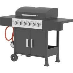 Outsunny Barbacoa De Gas Con 6 Quemadores 15 Kw Termómetro Mesas Laterales Negro