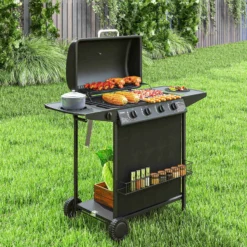 Outsunny Barbacoa De Gas Con 4+1 Quemadores 12 Kw Termómetro Mesa Lateral Negro