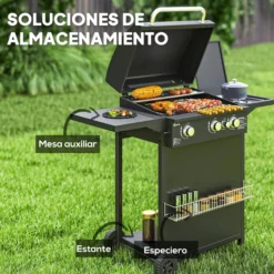 Outsunny Barbacoa De Gas Con 3+1 Quemadores 8,5 Kw Termómetro Mesa Lateral Negro