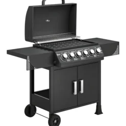Outsunny Barbacoa De Gas Con 6 Quemadores 15 Kw Termómetro Y Mesas Laterales