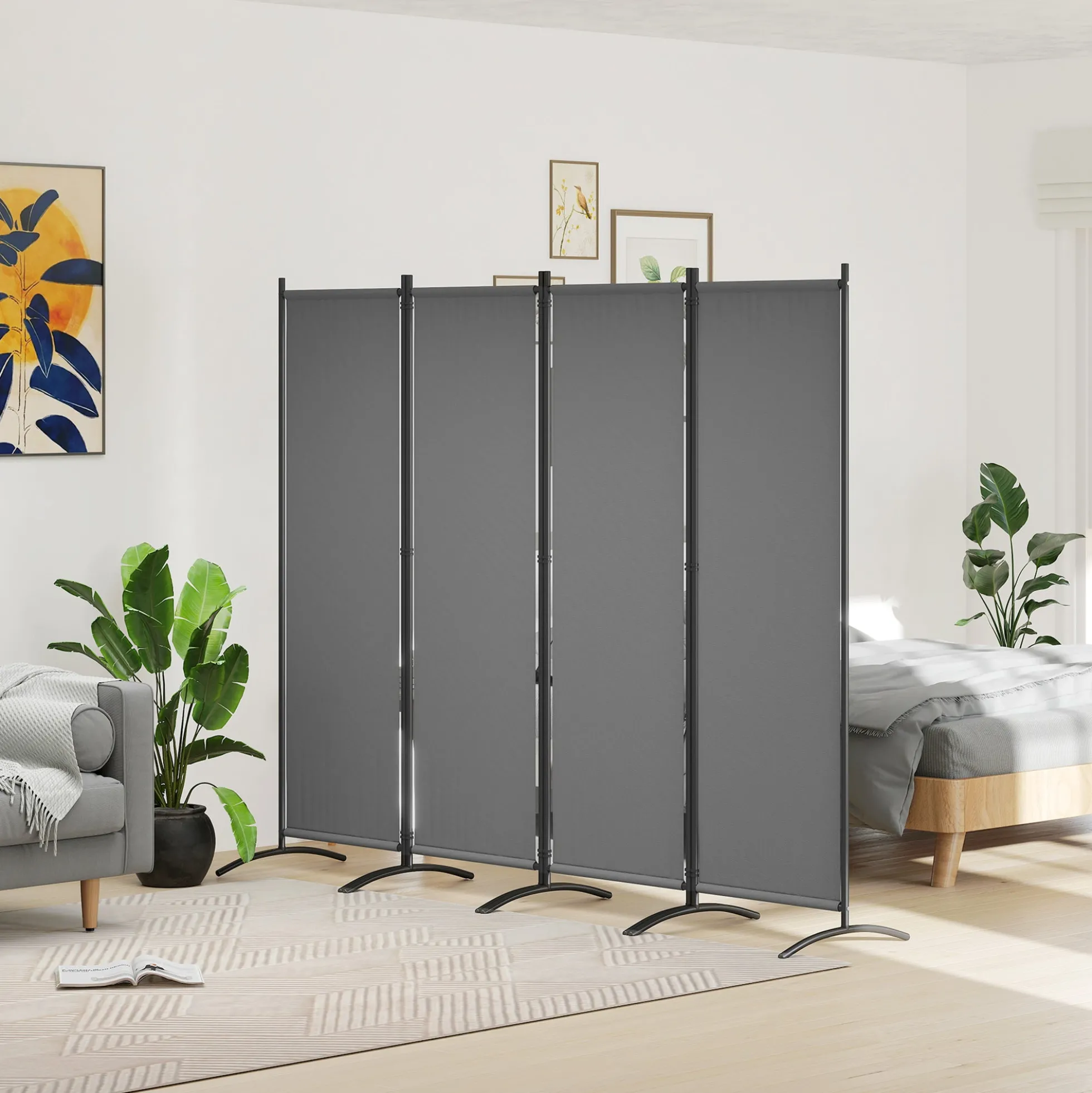 Outsunny Biombo Separador De Ambientes De 4 Paneles Plegable 221x172 Cm Gris