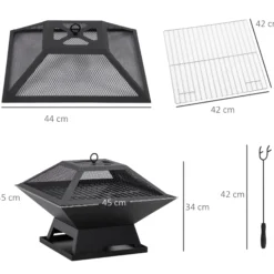 Outsunny Brasero Exterior De Acero Con Protector De Chispas 45x45x34 Cm Negro
