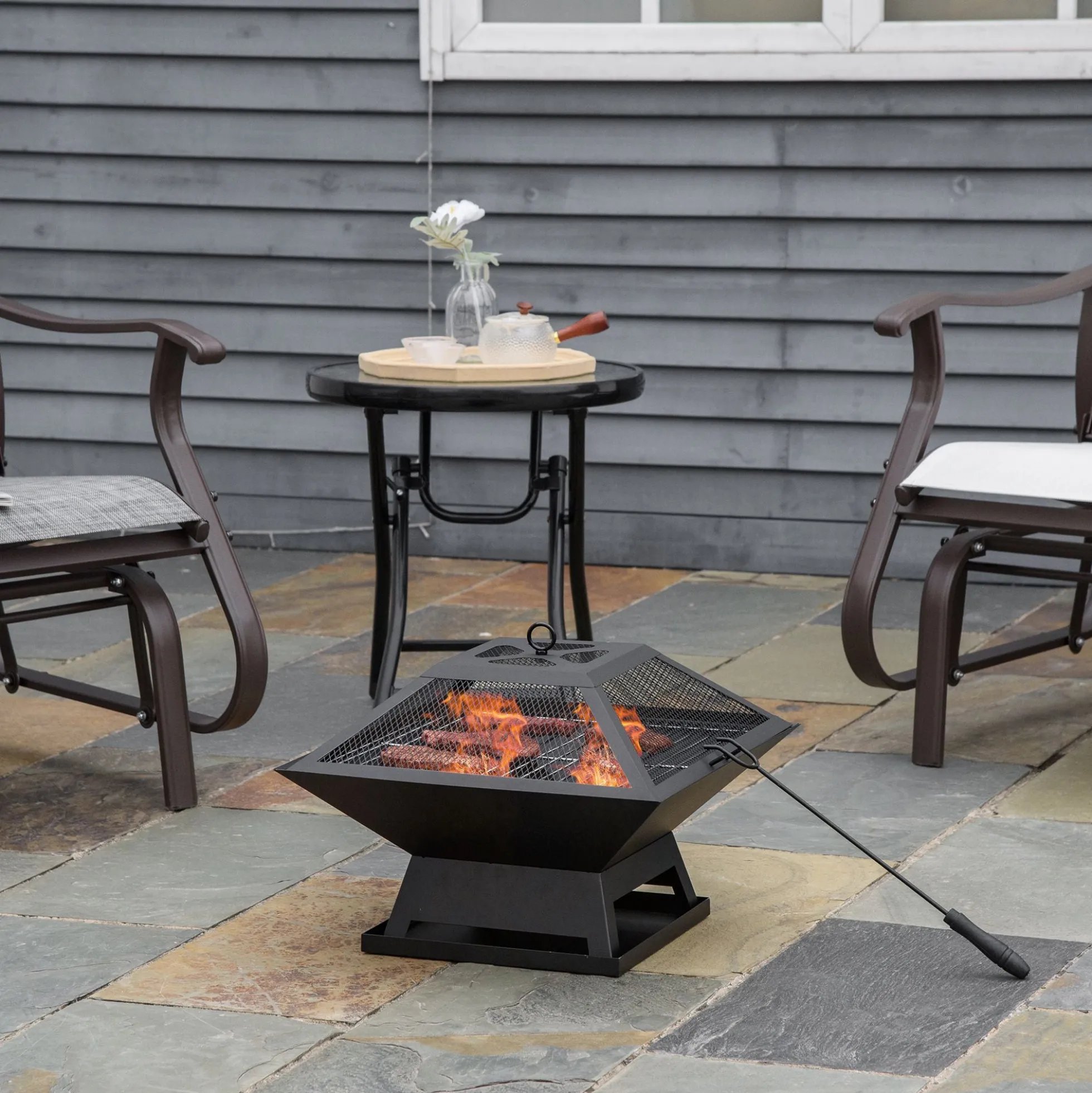 Outsunny Brasero Exterior De Acero Con Protector De Chispas 45x45x34 Cm Negro