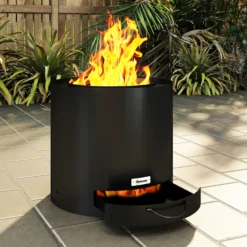 Outsunny Brasero Exterior Redondo Ø45x42 Cm De Acero Con Atizador Y Bandeja