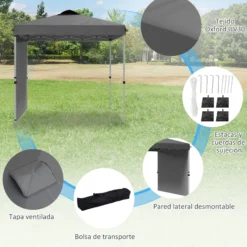Outsunny Carpa Plegable 2,5x2,5 M Con 1 Pared Lateral Altura Ajustable Gris