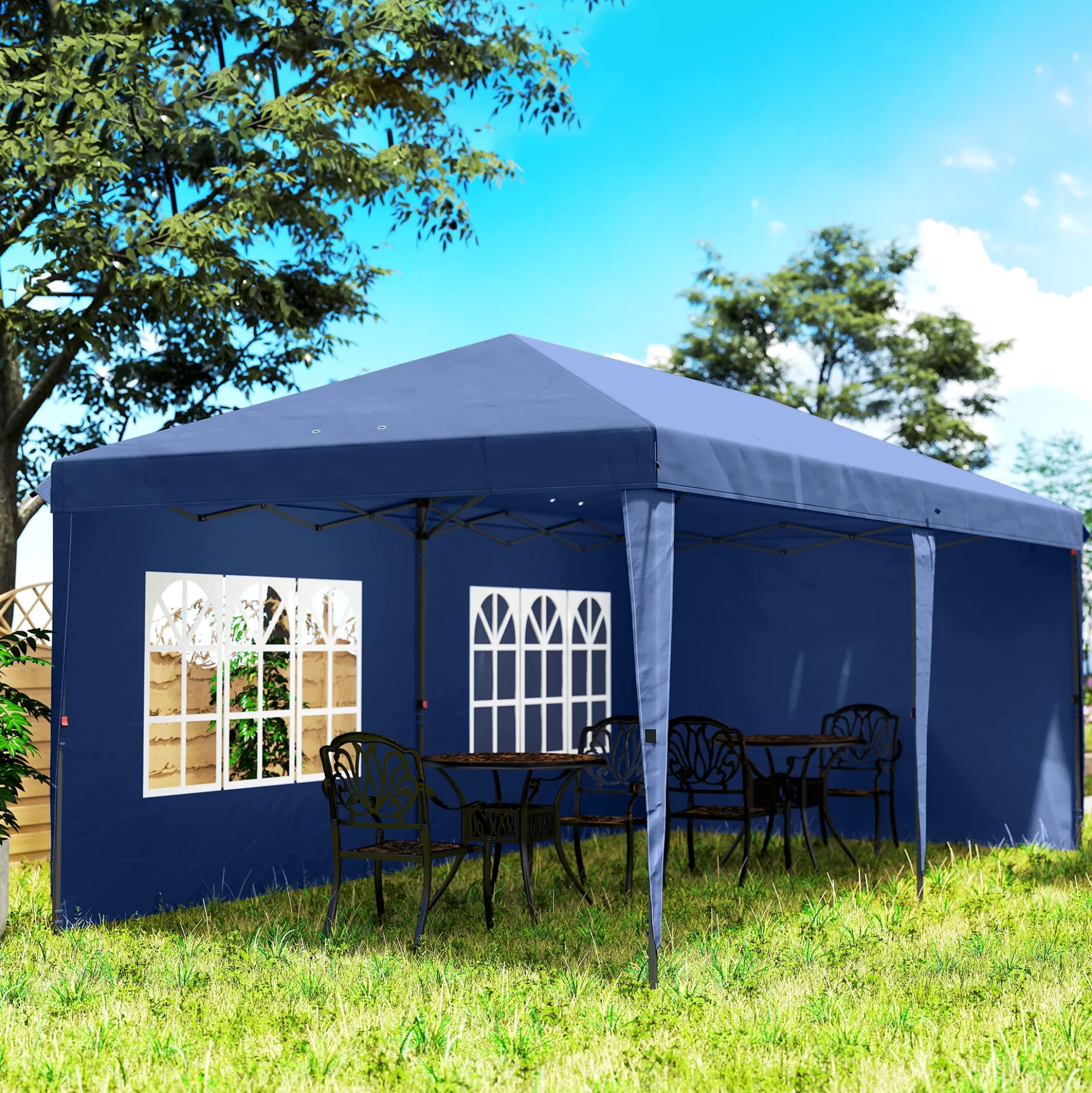 Outsunny Carpa Plegable 6x3 M Con 4 Laterales Desmontables 2 Ventanas Azul
