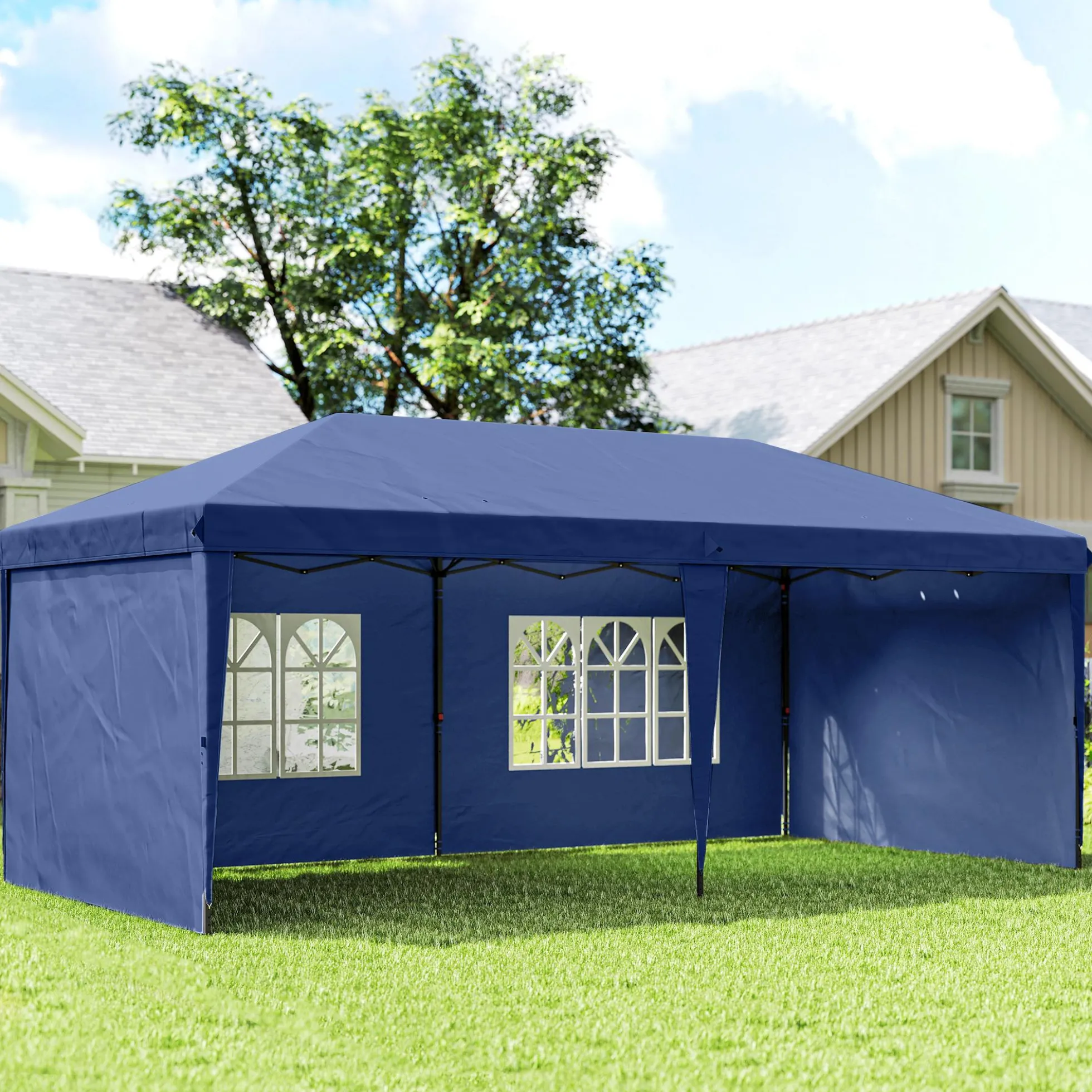 Outsunny Carpa Plegable 6x3 M Con 4 Laterales Desmontables 2 Ventanas Azul