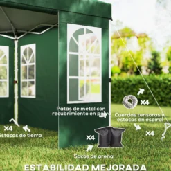 Outsunny Carpa Plegable 3x3m Pop-up Altura Ajustable Laterales Extraíbles Verde