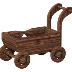 Outsunny Carretilla De Madera Decorativa Exterior Con 4 Ruedas Asa Carbonizado