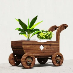 Outsunny Carretilla De Madera Decorativa Exterior Con 4 Ruedas Asa Carbonizado