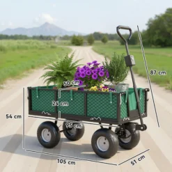 Outsunny Carrito De Jardín Con Ruedas Grandes Asa Ajustable Carga 300 Kg Verde