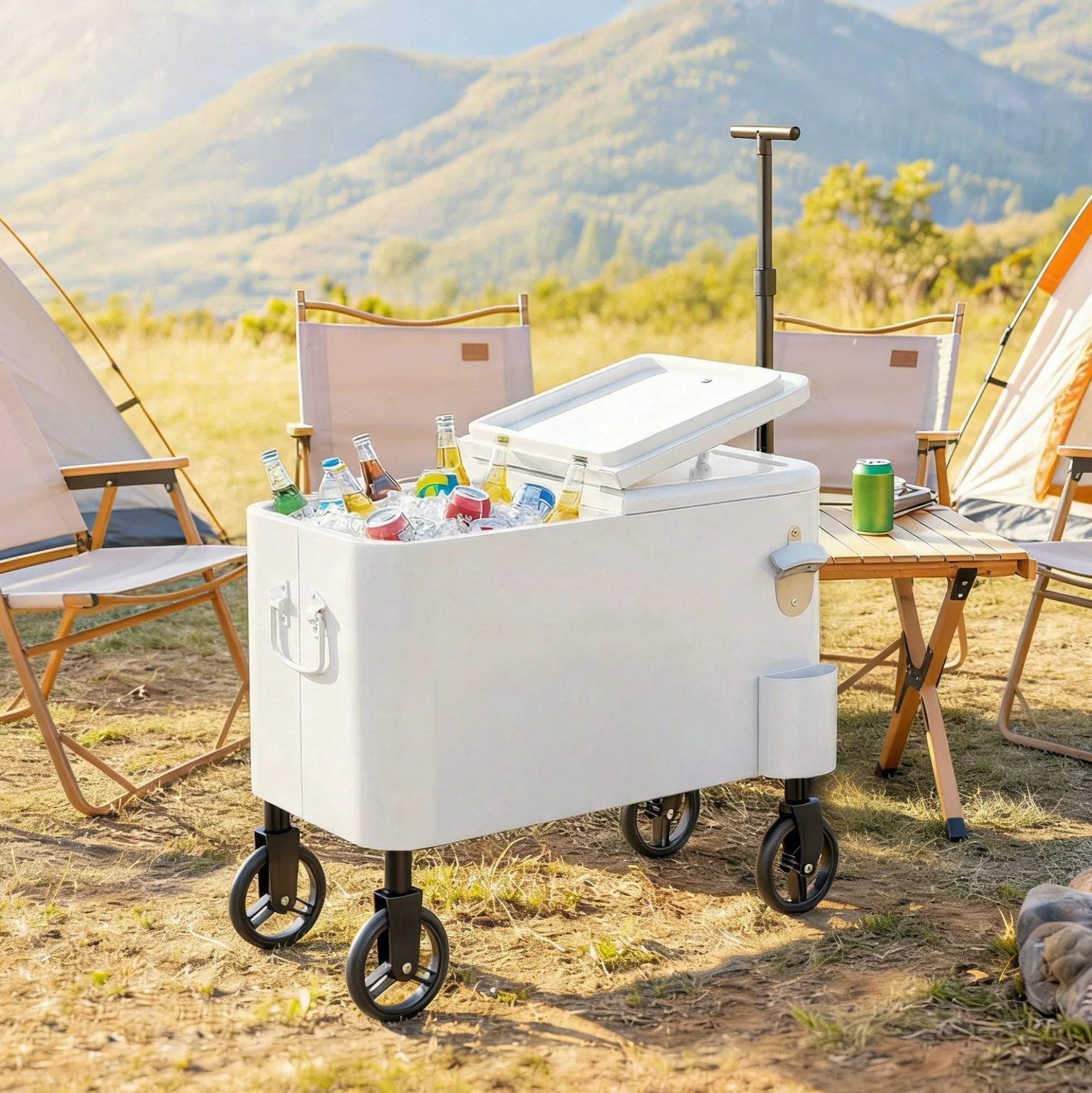 Outsunny Carrito Nevera De 56l Con Ruedas Mango Ajustable Abrebotellas Blanco