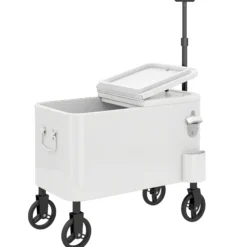 Outsunny Carrito Nevera De 56l Con Ruedas Mango Ajustable Abrebotellas Blanco