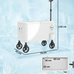 Outsunny Carrito Nevera De 56l Con Ruedas Mango Ajustable Abrebotellas Blanco
