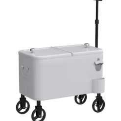 Outsunny Carrito Nevera De 56l Con Ruedas Mango Ajustable Abrebotellas Blanco
