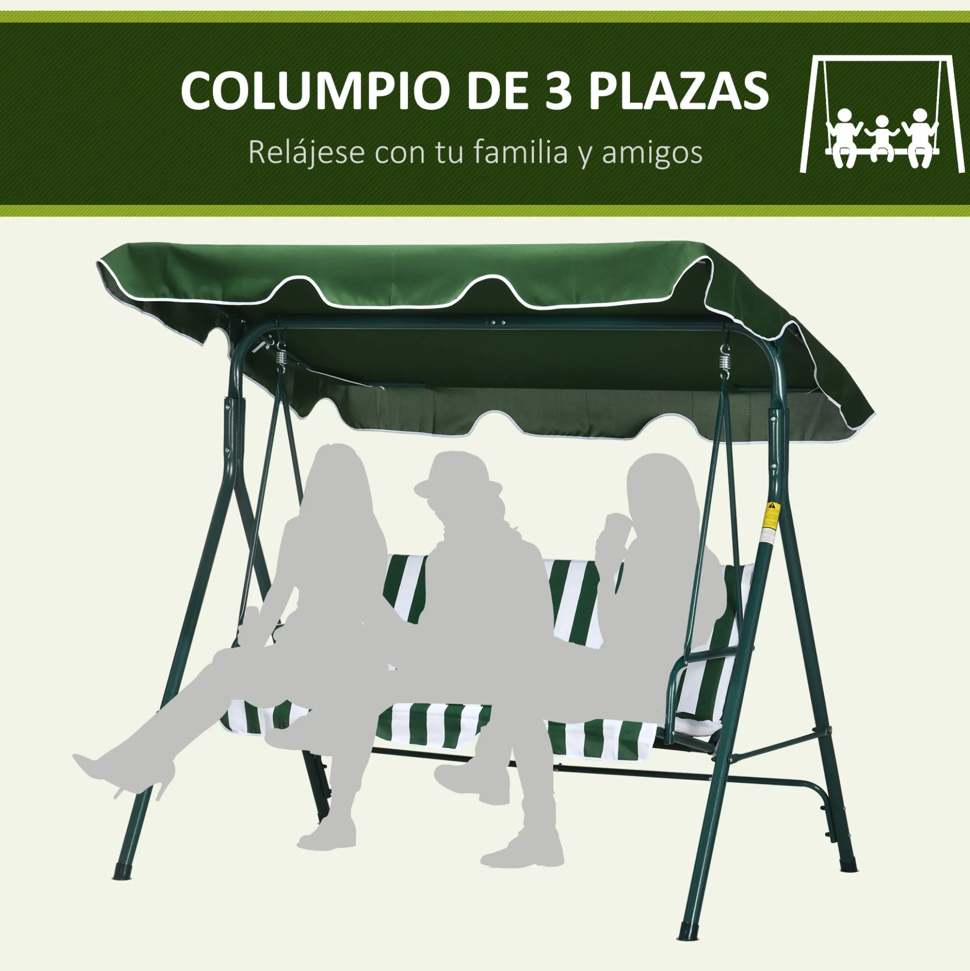 Outsunny Columpio Balancín De Jardín Exterior 3 Plazas 172x110x153 Cm Raya Verde
