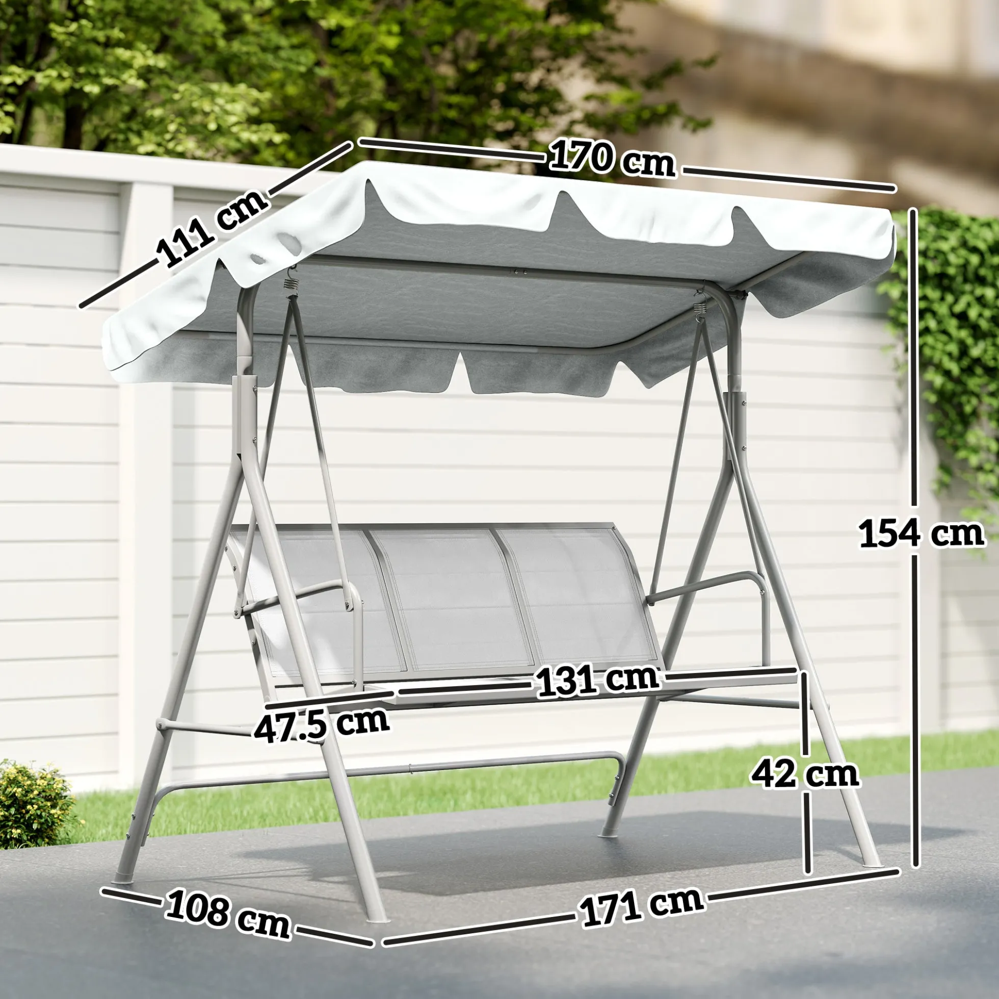 Outsunny Columpio Balancín Jardín De 3 Plazas Con Toldo Ajustable Terraza Gris
