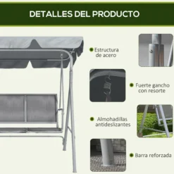 Outsunny Columpio Balancín Jardín De 3 Plazas Con Toldo Ajustable Terraza Gris