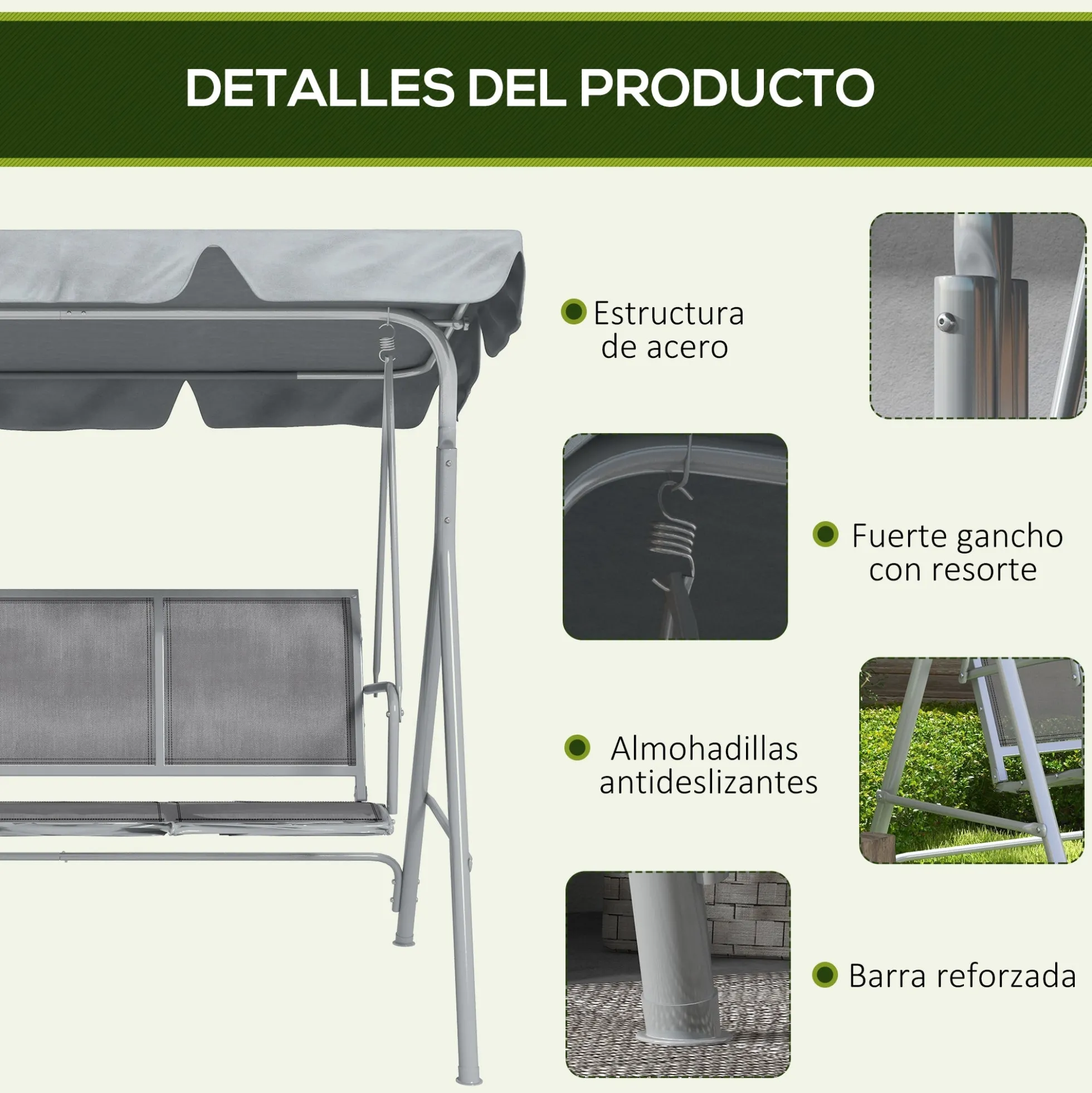 Outsunny Columpio Balancín Jardín De 3 Plazas Con Toldo Ajustable Terraza Gris