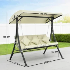 Outsunny Columpio De Jardín De 3 Plazas Con Techo Ajustable 202x115x168 Cm Beige