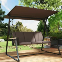 Outsunny Columpio De Jardín Exterior De 3 Plazas Con Techo Ajustable 2 Bandejas