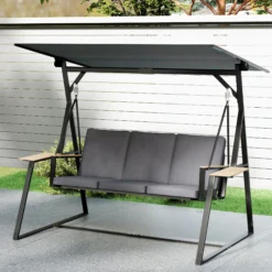 Outsunny Columpio De Jardín Exterior De 3 Plazas Con Techo Ajustable 2 Bandejas