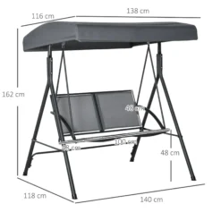 Outsunny Columpio Jardín 2 Plazas Techo Ajustable Asientos Textilene Gris Oscuro