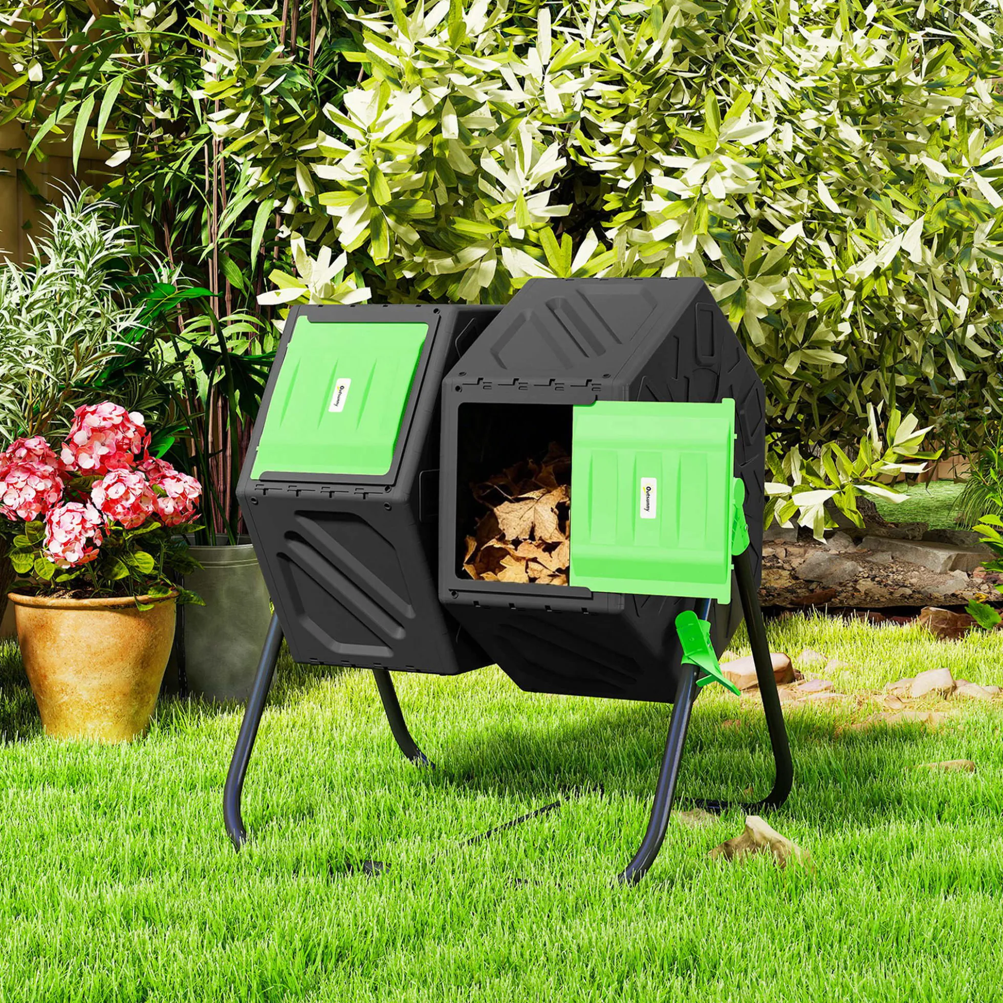 Outsunny Compostador Giratorio 130l De Doble Cámara 67x60x77 Cm Negro