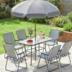 Outsunny Conjunto De Mesa Y Sillas Jardín De 8 Piezas Gris