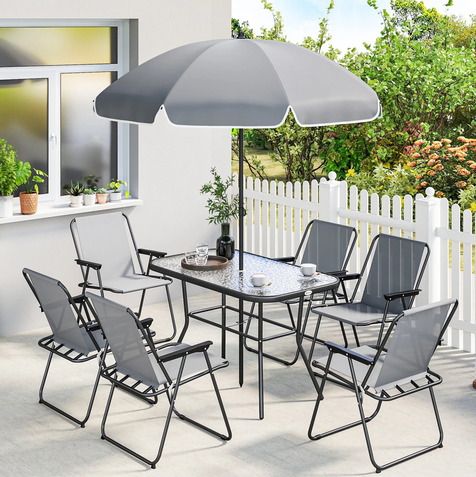 Outsunny Conjunto De Mesa Y Sillas Jardín De 8 Piezas Gris