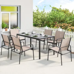 Outsunny Conjunto De Mesa Y Sillas Jardín De 7 Piezas Con Sillas Transpirables