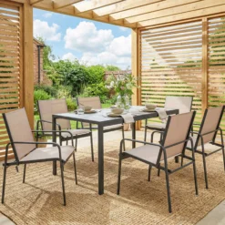 Outsunny Conjunto De Mesa Y Sillas Jardín De 7 Piezas Con Sillas Transpirables