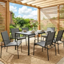 Outsunny Conjunto De Mesa Y Sillas Jardín De 7 Piezas Con Sillas Transpirables