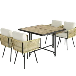 Outsunny Conjunto De Mesa Y Sillas Jardín De Ratán 5 Piezas Con Cojines Beige