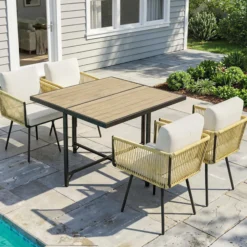 Outsunny Conjunto De Mesa Y Sillas Jardín De Ratán 5 Piezas Con Cojines Beige