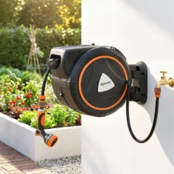 Outsunny Enrollador De Manguera Para Jardín 28+2 Cm M Bloqueo Retorno Automático