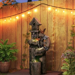 Outsunny Fuente De Agua Con Casita Para Pájaros Iluminación Led Multicolor