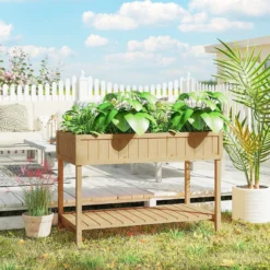 Outsunny Huerto Urbano Elevada De Madera Con Estante 110x46x76 Cm Natural