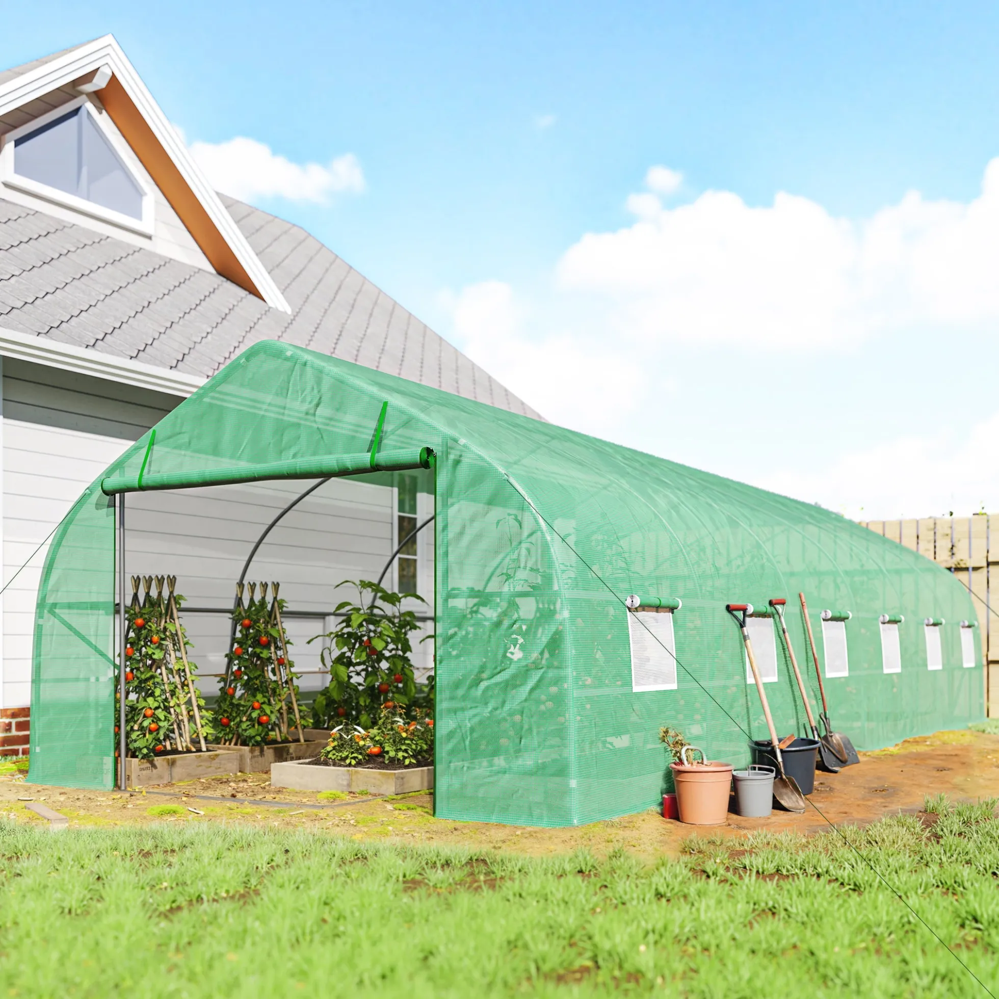 Outsunny Invernadero De Túnel 8x3x2 M Con 12 Ventanas Cubierta Pe Cultivo Verde
