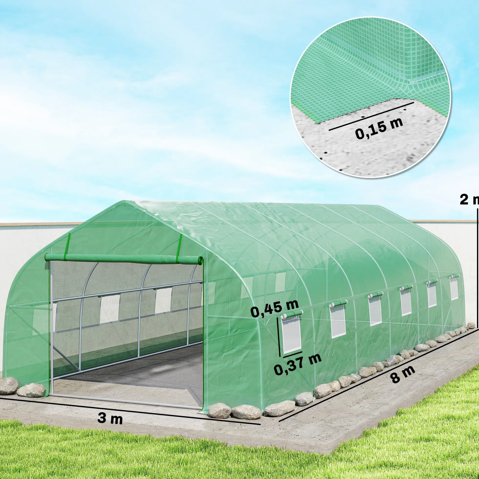 Outsunny Invernadero De Túnel 8x3x2 M Con 12 Ventanas Cubierta Pe Cultivo Verde