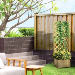 Outsunny Jardinera Con Enrejado De Madera Para Trepadoras 40x40x145 Cm Natural