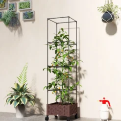 Outsunny Jardinera Con Enrejado Ruedas Para Cultivos Verduras 40x40x165 Cm