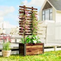 Outsunny Jardinera Con Ruedas Y Celosía 65x31x147 Cm Carbonizado