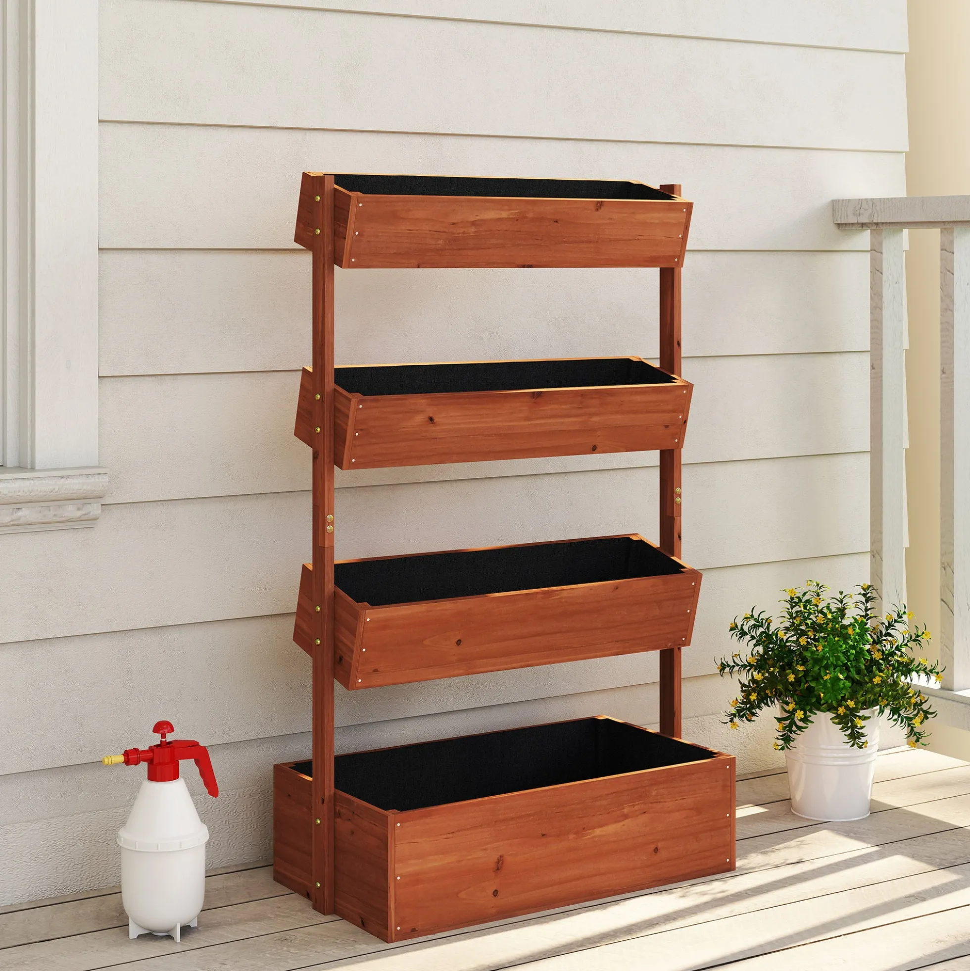 Outsunny Jardinera De Madera De 4 Niveles Con Orificios De Drenaje Marrón