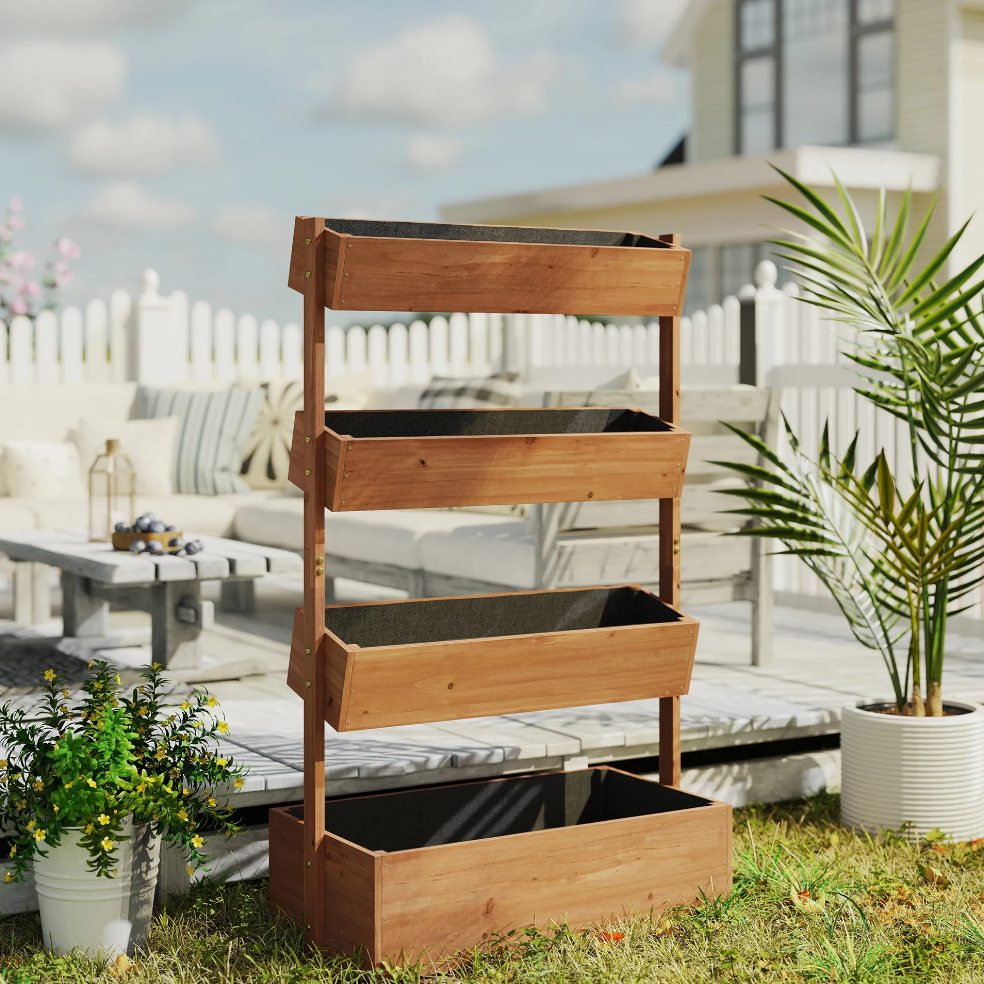 Outsunny Jardinera De Madera De 4 Niveles Con Orificios De Drenaje Marrón