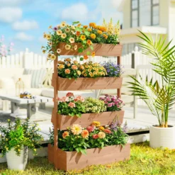 Outsunny Jardinera De Madera De 4 Niveles Con Orificios De Drenaje Marrón