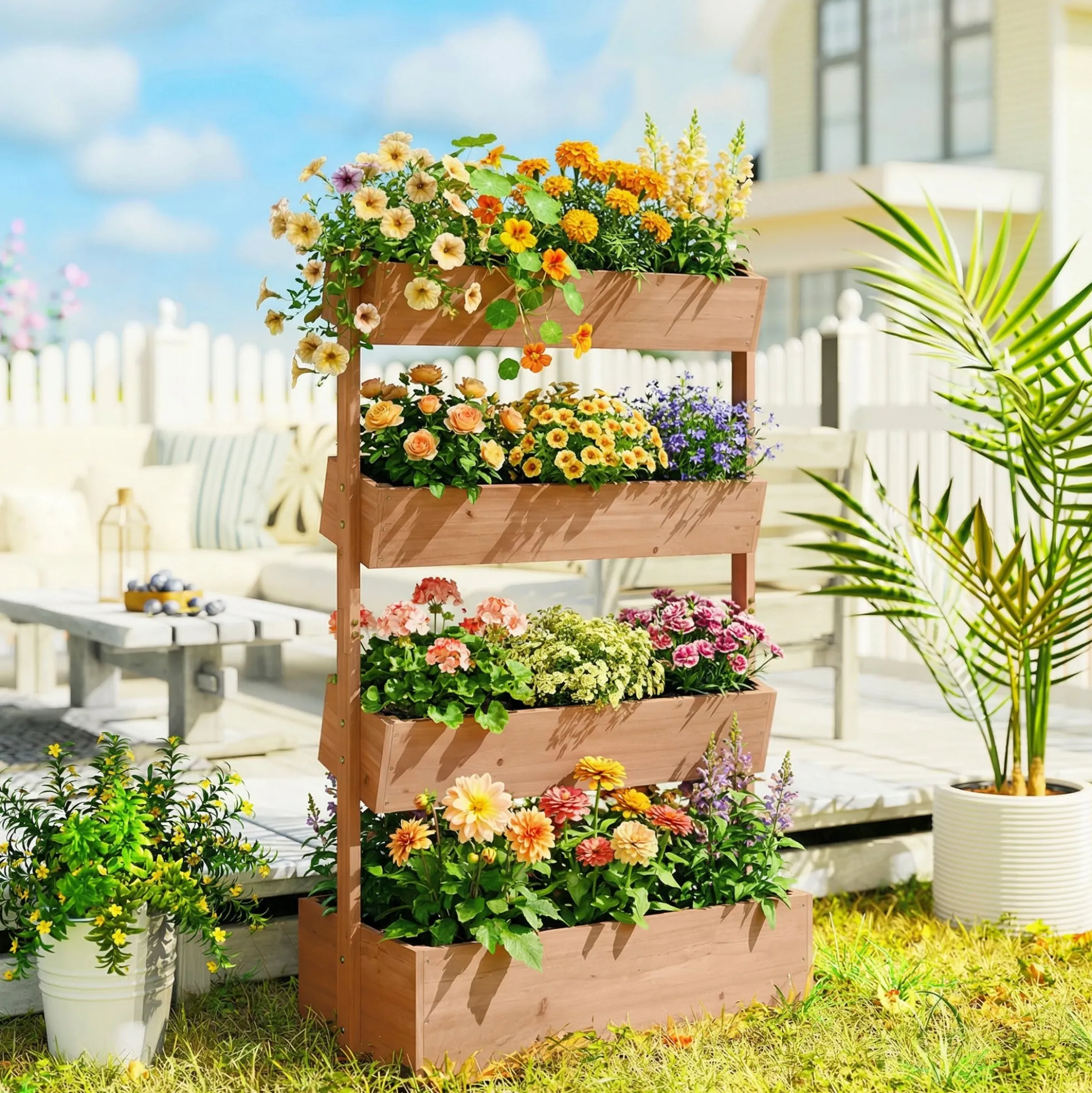 Outsunny Jardinera De Madera De 4 Niveles Con Orificios De Drenaje Marrón